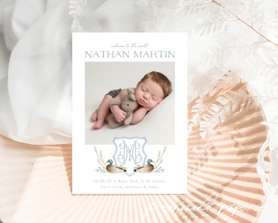 Mallard Duck Birth Announcement, Boy Birth Announcement, Birth Announcement, Monogram Birth Announcement, Welcome Baby