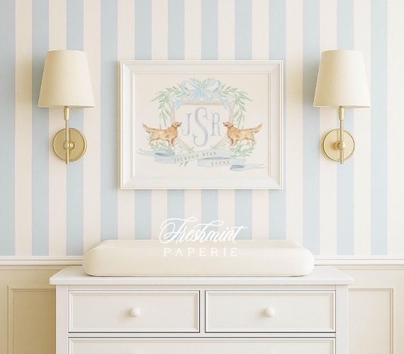Golden Retriever, Golden Retriever Wall Art, Nursery Monogram Crest, Golden Retriever Art, Custom nursery wall art, Monogram crest