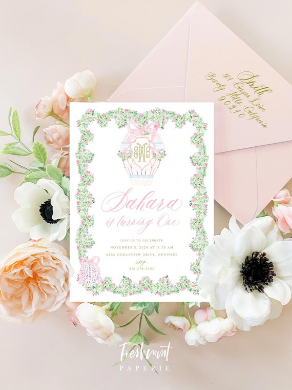 Hot Air Balloon Birthday Invitation, Up Up Away Birthday Invitation, Hot air balloon Invitation, Monogram Crest invitation, monogram