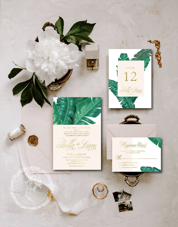 Tropical Wedding Invitation | Wedding invitation | Gold foil Wedding Invitation | Banana Leaf Wedding invite | Palm Leaf Wedding invitation