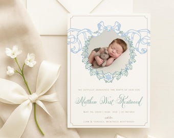 Watercolor Birth Announcement, Boy Birth Announcement, Birth Announcement, Crest Birth Announcement, Monogram Announcement, Welcome Baby