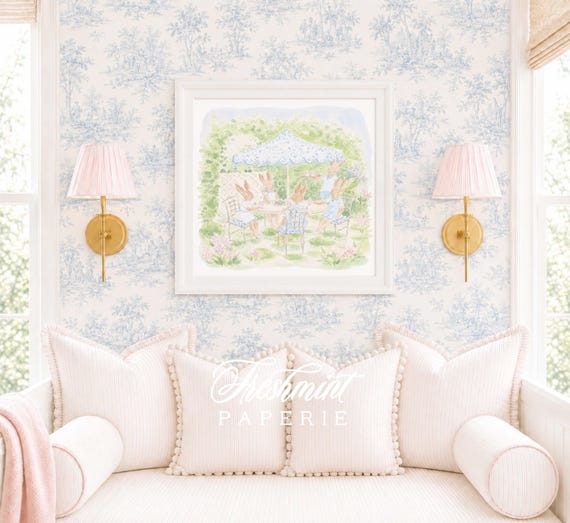 Nursery Wall Art, Bunny Tea Party, Grandmillennial, Chinoiserie