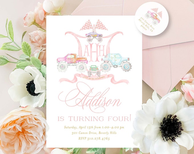 Pink Monster Truck Birthday Invitation – Monogram Crest