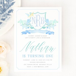 Dinosaur invitation, Rex invite, tarpits invitation, Dino Invitation, Boys invitation, Dinosaur Birthday, Watercolor Monogram, Crest image 1