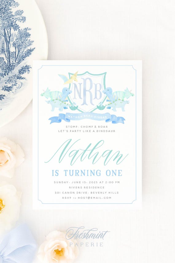 Dinosaur invitation, Rex invite, tarpits invitation, Dino Invitation, Boys invitation, Dinosaur Birthday, Watercolor Monogram, Crest