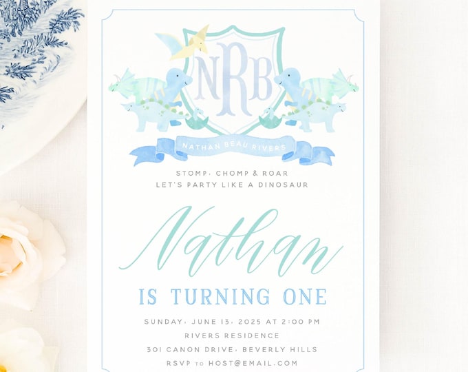 Dinosaur invitation, Rex invite, tarpits invitation, Dino Invitation, Boys invitation, Dinosaur Birthday, Watercolor Monogram, Crest