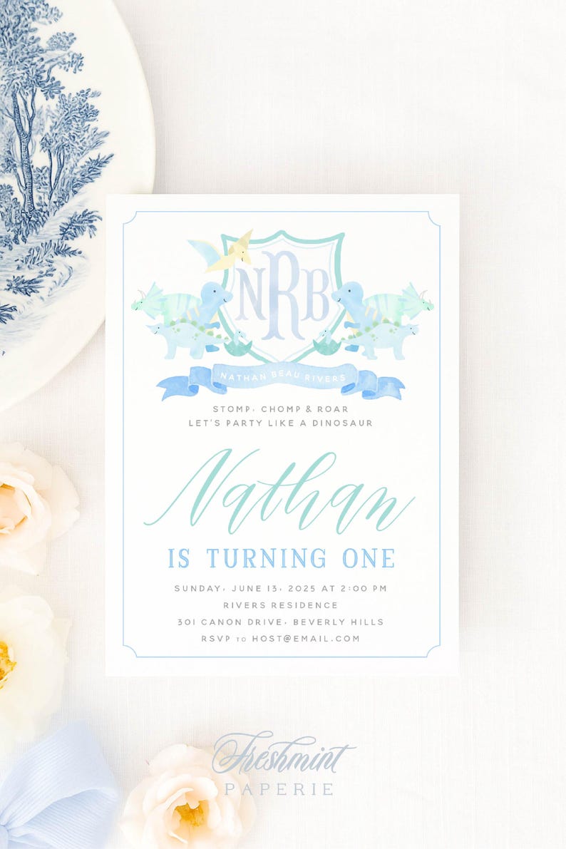 Dinosaur invitation, Rex invite, tarpits invitation, Dino Invitation, Boys invitation, Dinosaur Birthday, Watercolor Monogram, Crest image 1