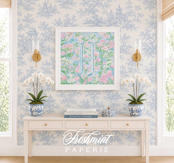 Monogram Wall Art, Chinoiserie, Floral, Grandmillennial, Watercolor