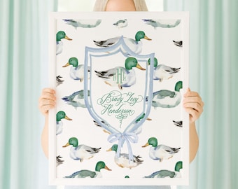 Impression d'art pour chambre de bébé canard colvert, décoration murale monogramme personnalisée
