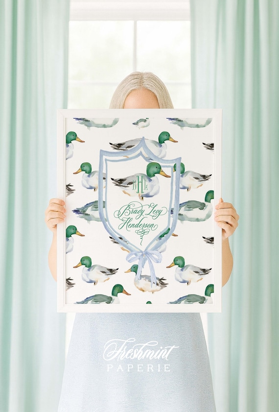 Mallard Duck wall art, Duck Wall Art, Monogram, Mallard Duck Art Print, Custom nursery wall art