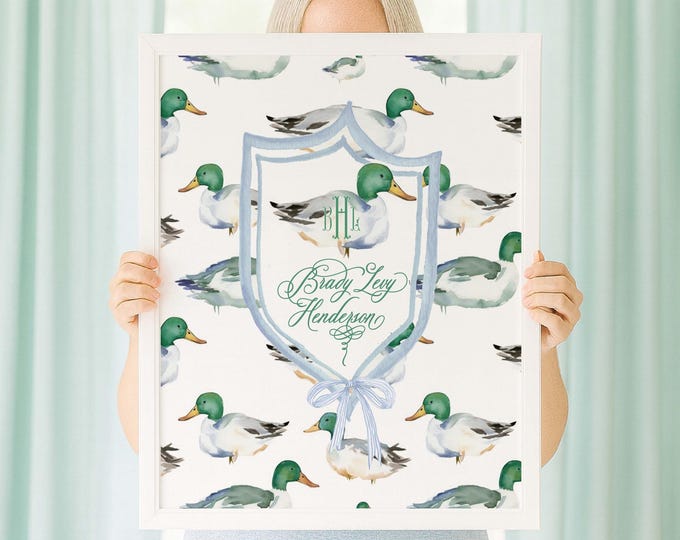 Mallard Duck Nursery Art Print, Custom Monogram Wall Decor