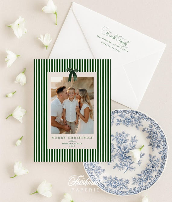 Moody Holiday Cards, Ribbon Christmas card, Photo holiday cards, Pretty Holiday Cards, Hunter Green Ribbon, Velvet, Forest Green stripes