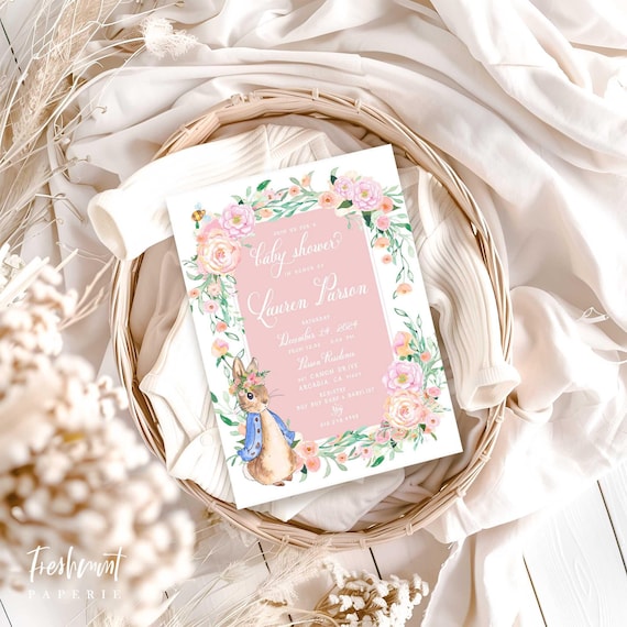 Bunny baby shower invitations, rabbit invitation, baby shower, Easter invitation, Bunny Rabbit invitation, Floral Bunny Baby shower