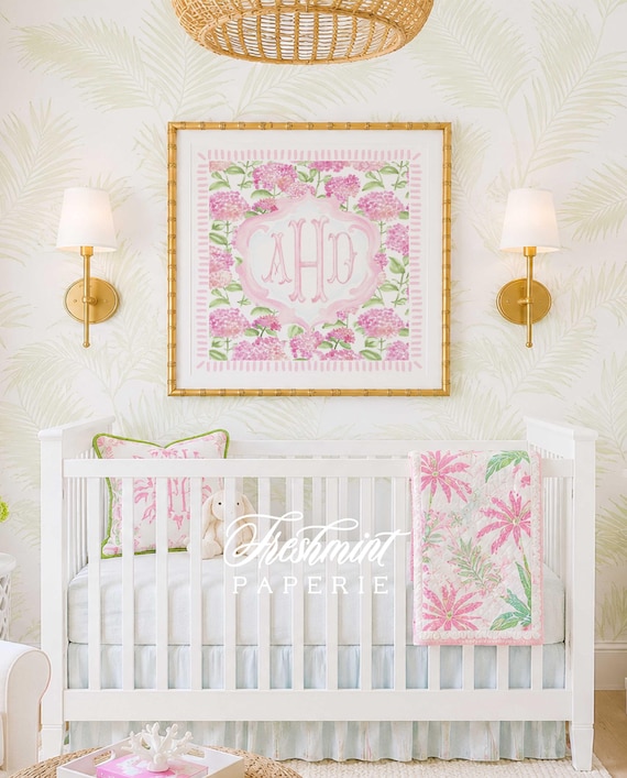 Monogram Wall Art, Monogram, Pink, Grandmillennial, Watercolor, Chinoiserie, Hydrangeas