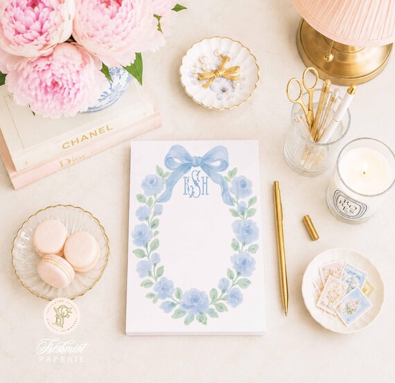 Custom Blue Floral Monogram Notepad - 5x7