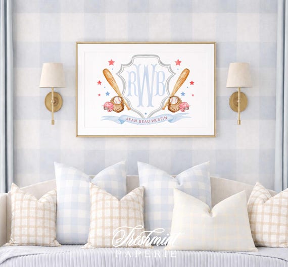 Baseball Nursery Print, Watercolor Crest, Personalized Monogram