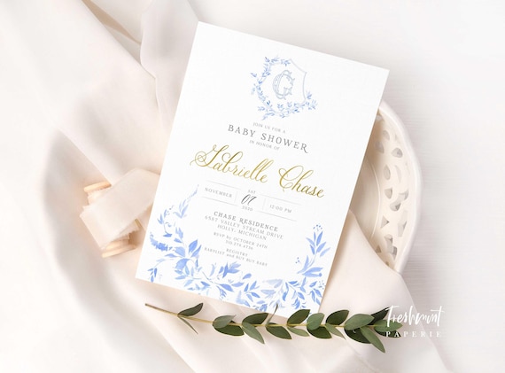 Monogram Baby Shower Invitation - baby shower invitation - baby shower invitation - wreath ribbon invitation - Blue Porcelain baby shower