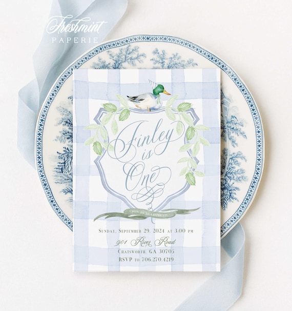 Mallard Duck Birthday Invitation: Gingham Invitation