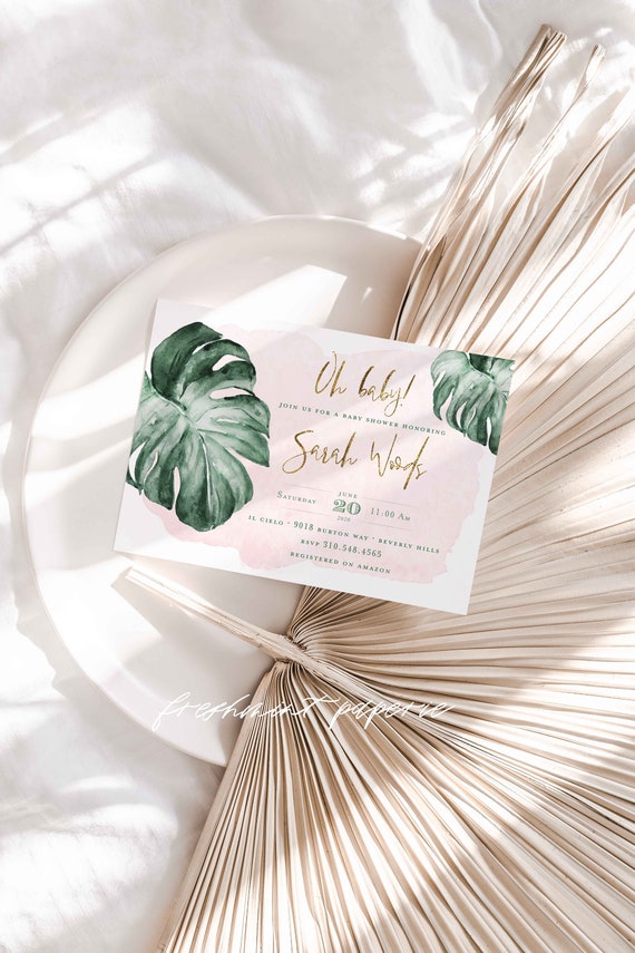 Tropical invitation | Palm leaf invitation | Blush Baby Shower Invitation | Tropical Greenery Leaves | Jungle Watercolor | Monstera Leaf