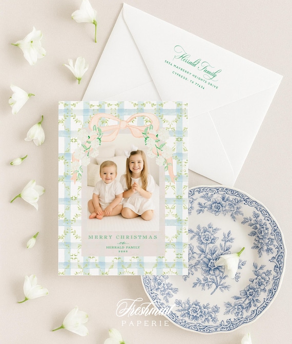 Gingham Photo Christmas Cards: Watercolor Holiday Cards