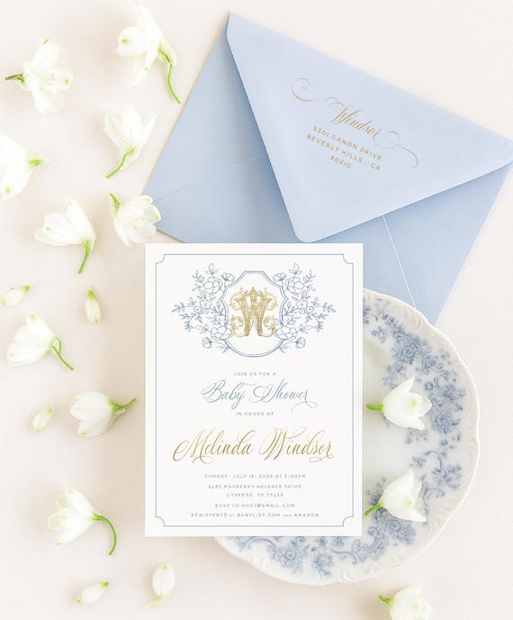 Baby Shower Invitation, Botanical Crest invitation, Monogram invitation, Botanical Baby Shower Invitation, Blue Floral invitation, Crest