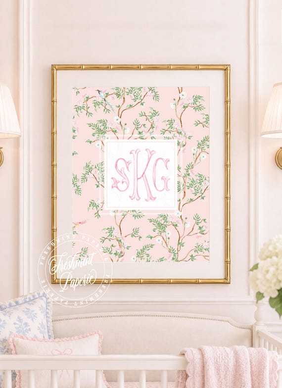 Watercolor Chinoiserie Monogram Nursery Art, Custom Wall Print, Cherry Blossom, Grandmillennial