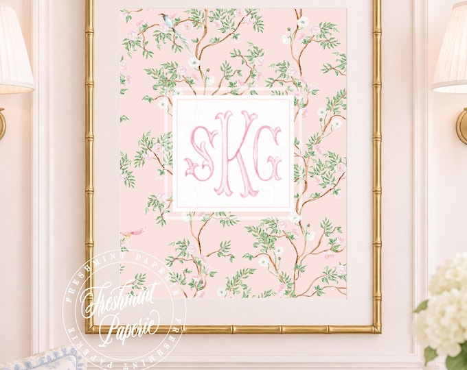 Watercolor Chinoiserie Monogram Nursery Art, Custom Wall Print, Cherry Blossom, Grandmillennial