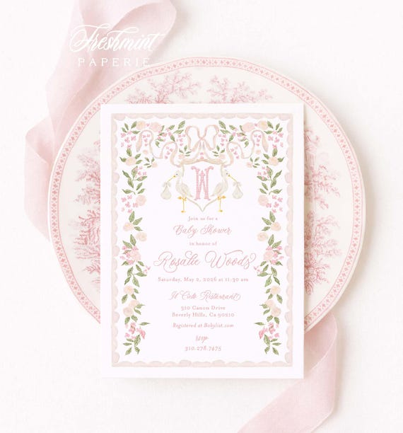 Heirloom Stork Invitation, Watercolor, Baby Shower, Heirloom Rattle, Monogram, Grandmillennial, Pink Floral