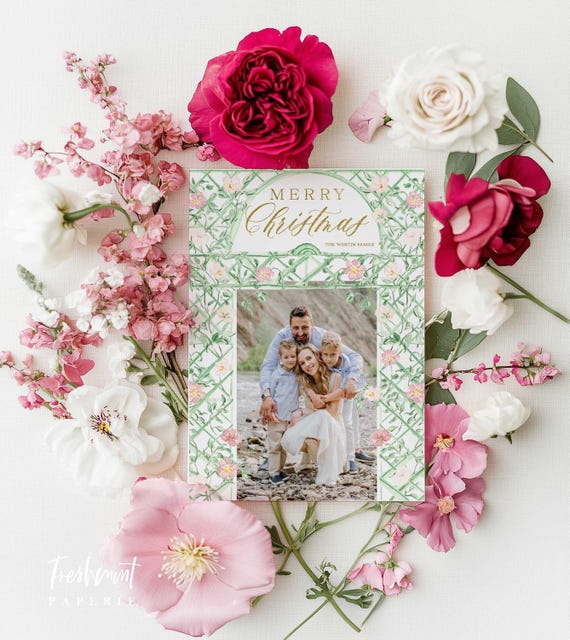 Pink Floral Wreath Photo Christmas Cards, Custom Holiday Cards