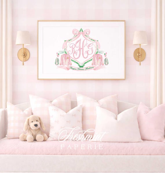Golf Nursery Wall Art: Monogram, Grandmillennial, Crest, Watercolor, Preppy