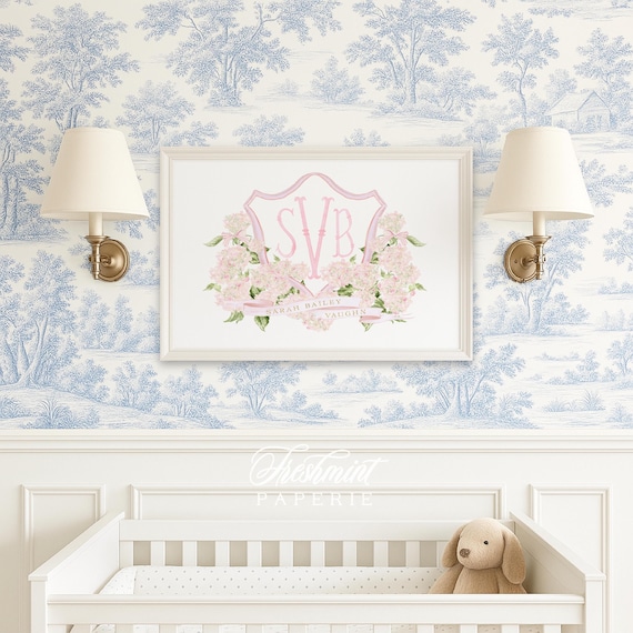 Watercolor Hydrangea Monogram Nursery Print, Custom Wall Art, Crest