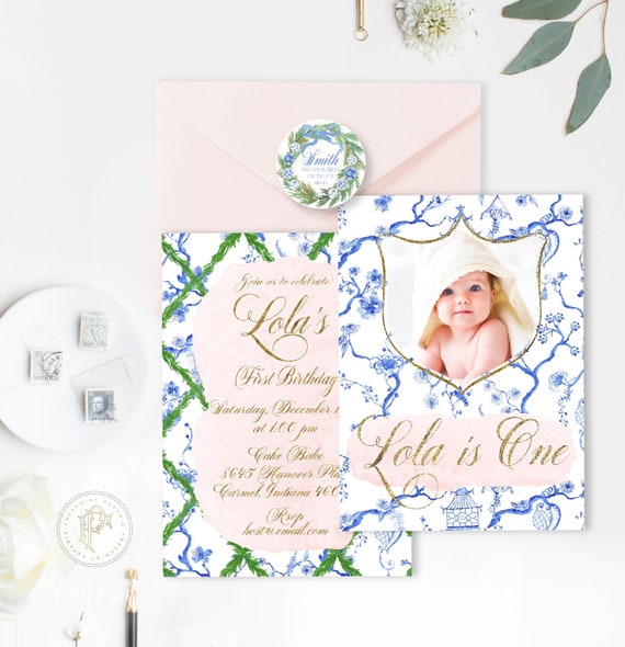 Chinoiserie invitation, Ginger Jar invitation, Birthday invitation, Baby Girl invitation, Trellis, Picture invitation, Bow invitation