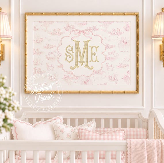 Pink Toile Monogram Nursery Art Print: Custom Baby Girl Decor