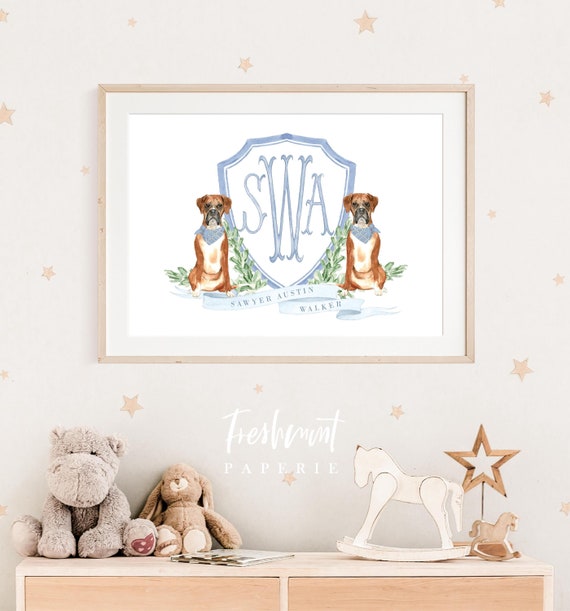 Boxer nursery wall art, Boxer Wall Art, Nursery Monogram Crest, Dog wall Art, Custom nursery wall art, Monogram crest, Boxer, Crest