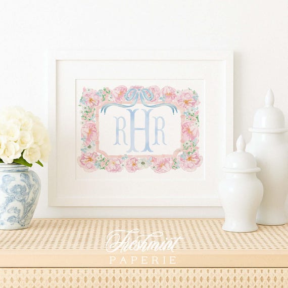 Watercolor monogram, Nursery Monogram, Pink floral Monogram, Nursery wall art, Whimsical floral nursery art, Ribbon, Baby Girl