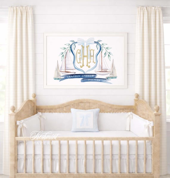 Nautical wall art, Monogram, Nursery name print, Sailboat, Blue Ribbon
