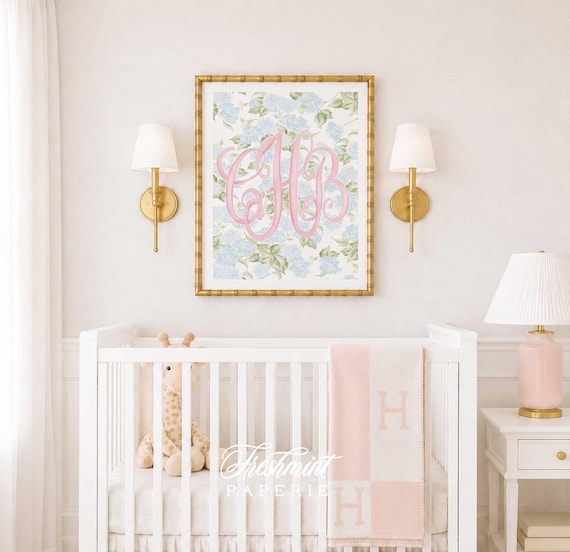 Watercolor Hydrangea Monogram Nursery Print, Custom Wall Art, Pink