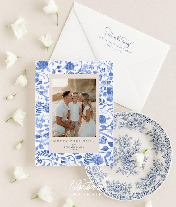 Blue Floral Photo Holiday Cards: Chinoiserie Wreath Design