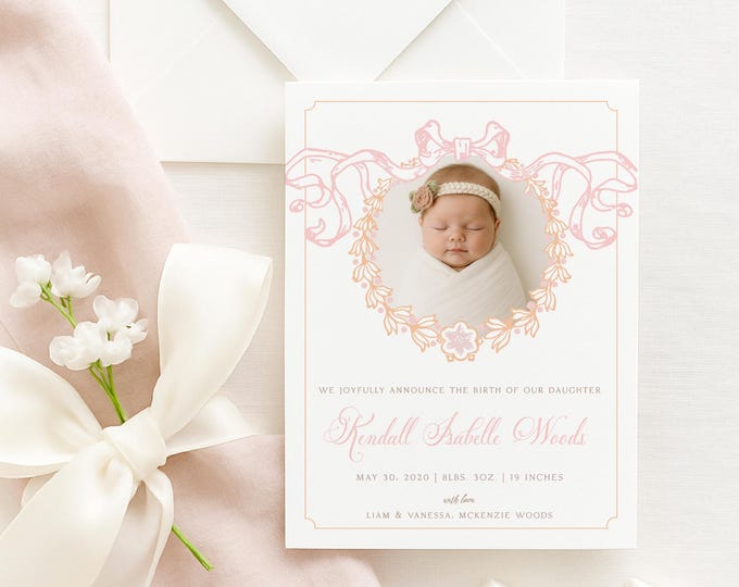 Watercolor Crest Girl Birth Announcement, Baby Girl, Monogram, Pink Bow