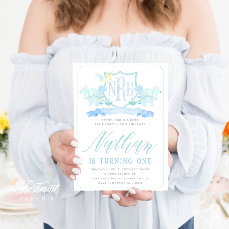 Dinosaur invitation, Rex invite, tarpits invitation, Dino Invitation, Boys invitation, Dinosaur Birthday, Watercolor Monogram, Crest image 3