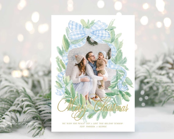 Blue Gingham Bow Holiday Card, Christmas card, Photo Christmas cards, Photo holiday cards, Pretty Holiday Cards, Gingham