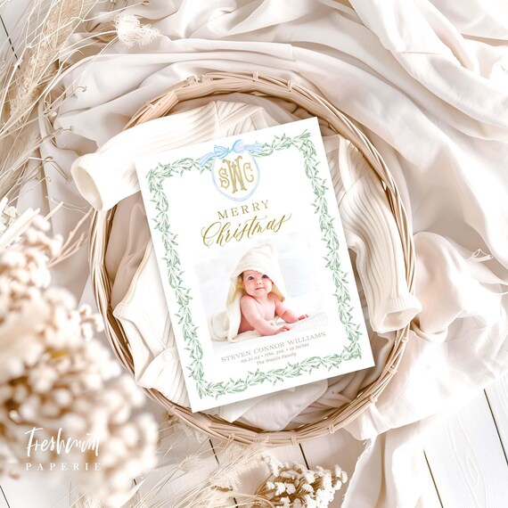 Blue floral Holiday Cards, Christmas card, Photo Christmas cards, Photo holiday cards, Pretty Holiday Cards, Monogram, Wreath, newborn card