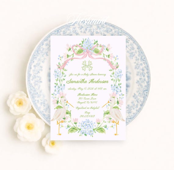 Heirloom Stork Invitation, Watercolor, Baby Shower, Hydrangeas, Monogram, Grandmillennial, Pink Bow