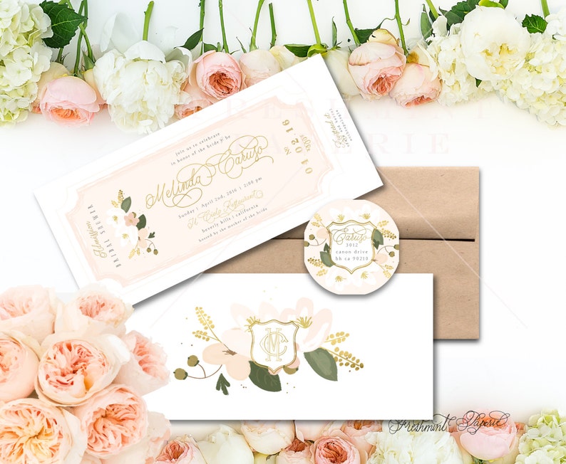bridal shower invitation ticket invitation vintage flowers Invitation calligraphy Printable invitations freshmint paperie
