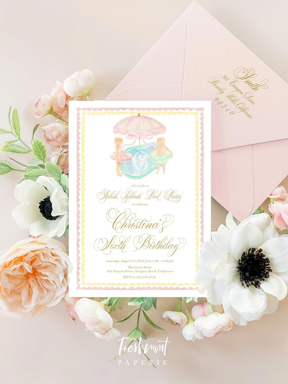 Pool Party Watercolor invitation, Pool Party invitation, Gingham invitation, Watercolor Birthday invitation, Pool Party, Monogram