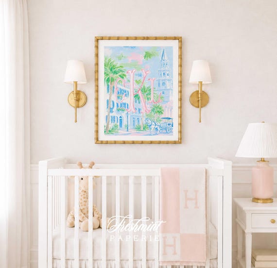 Charleston Wall Art, Watercolor Monogram Nursery Print, Preppy, Horse and carriage