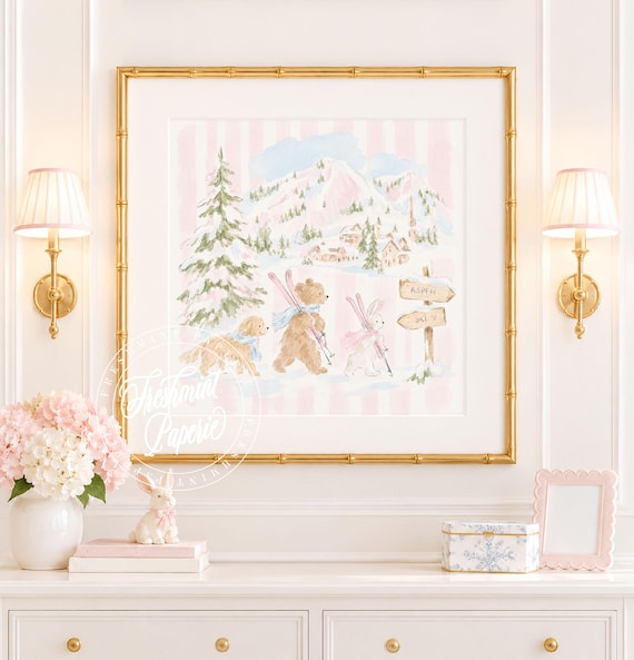 Nursery Wall Art, Animals in Aspen, Skiing, Grandmillennial, Chinoiserie