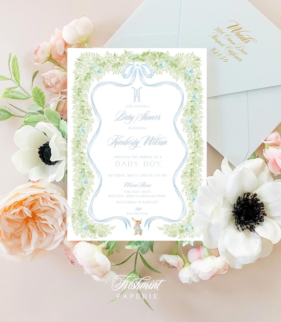 Bunny baby shower invitations, baby shower Monogram invitation, Easter invitation, Monogram Crest invitation, Boy Baby shower, Baby Brunch