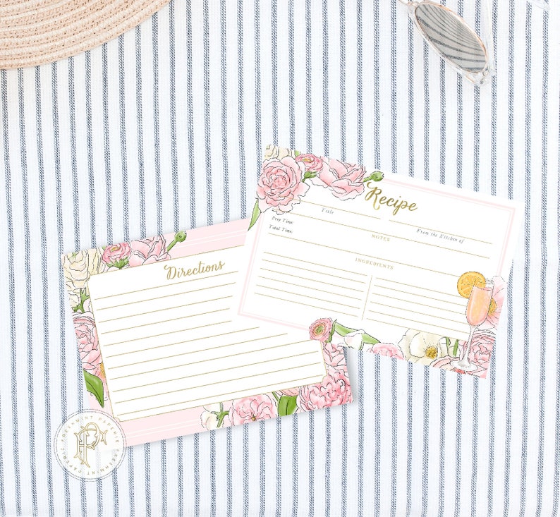 May include: Two printable recipe cards with floral designs. The top card has a pink floral design and the text "Recipe" in gold. The bottom card has a pink and white floral design and the text "Directions" in gold.