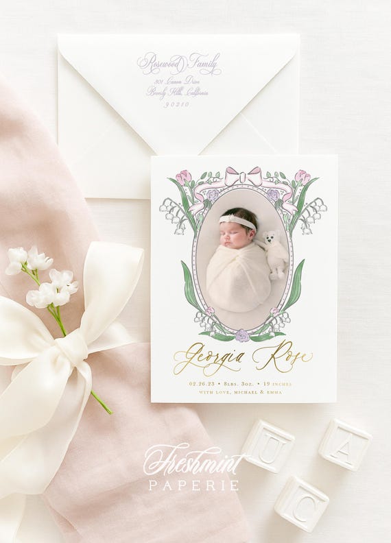 Pink Floral Birth Crest Announcement, Baby Girl Birth Announcement, Birth Announcement, Monogram Birth Announcement, Welcome Baby